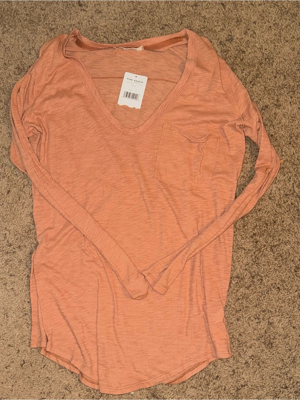 Free People Long Sleeve U-Neck Pocket Tee in Peachy Coral